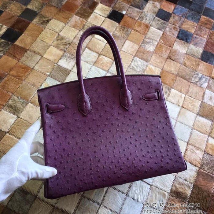 HERMES愛馬仕 鉑金包 Birkin 30 南非原產KK級鴕鳥皮 頂級工藝 紫色 手縫蠟線 手提包  Ama1232